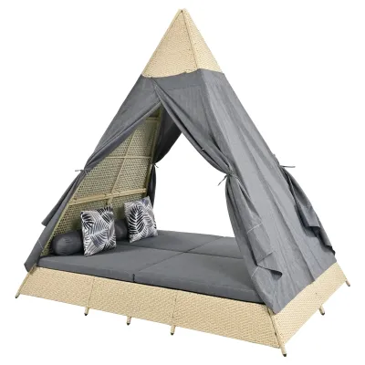 Gartenlounge-Set, Rattanzelt, geeignet für 2-4 Personen, inklusive Türvorhang, Sitzkissen, Grau