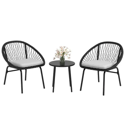 Gartenmöbel-Balkon-Set für 2 Personen mit weichen Sitzkissen aus geflochtener Schnur und Epoxidstahl