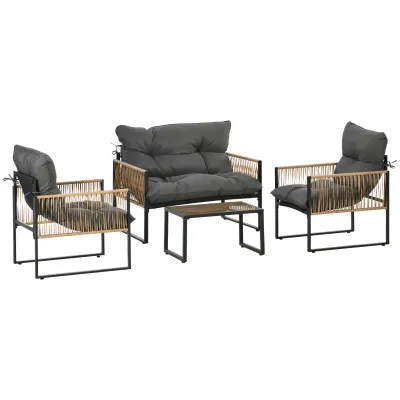 Rattan-Gartenmöbel-Set, 4-teilig, Sofa, 2 Stühle, Glastisch, Anthrazit