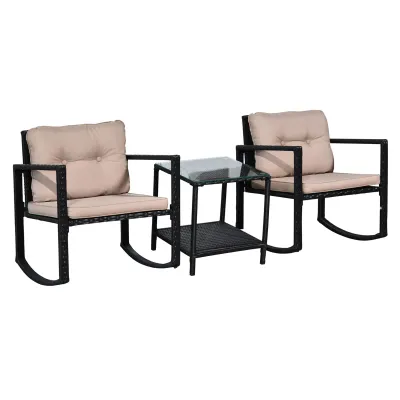 3-teiliges gemütliches Rattan-Gartenmöbelset 2 Schaukelstühle mit Sitz- und Rückenkissen + Beistelltisch aus gehärtetem Glas