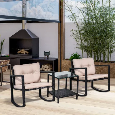 3-teiliges gemütliches Rattan-Gartenmöbelset 2 Schaukelstühle mit Sitz- und Rückenkissen + Beistelltisch aus gehärtetem Glas