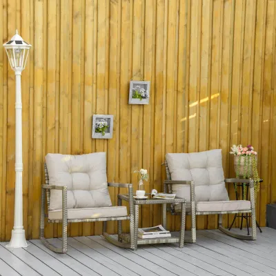 Rattan-Gartenmöbel-Set für 2 Personen Schaukelstühle mit Kissen + Beistelltisch mit gehärteter Glasplatte Grau