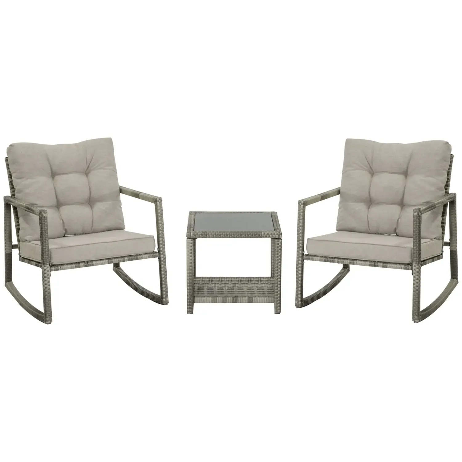 Rattan-Gartenmöbel-Set für 2 Personen Schaukelstühle mit Kissen + Beistelltisch mit gehärteter Glasplatte Grau