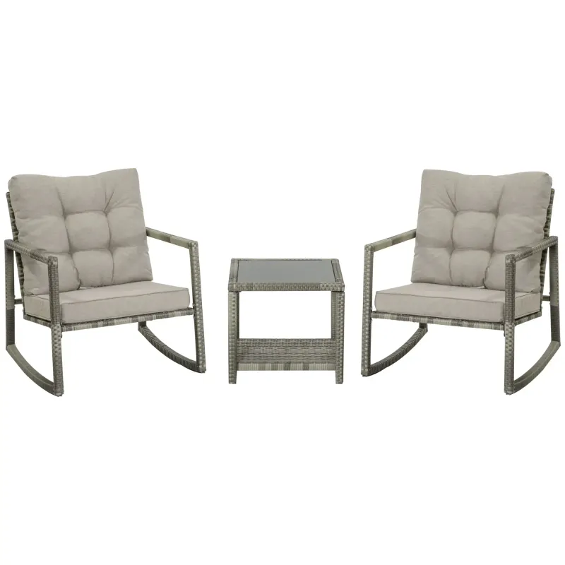 Rattan-Gartenmöbel-Set für 2 Personen Schaukelstühle mit Kissen + Beistelltisch mit gehärteter Glasplatte Grau
