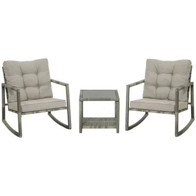 Rattan-Gartenmöbel-Set für 2 Personen Schaukelstühle mit Kissen + Beistelltisch mit gehärteter Glasplatte Grau