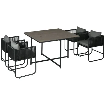 Outdoor Essgruppe, Rattan-Gartengarnitur, 5-teilig, wetterfest, Schwarz/Grau