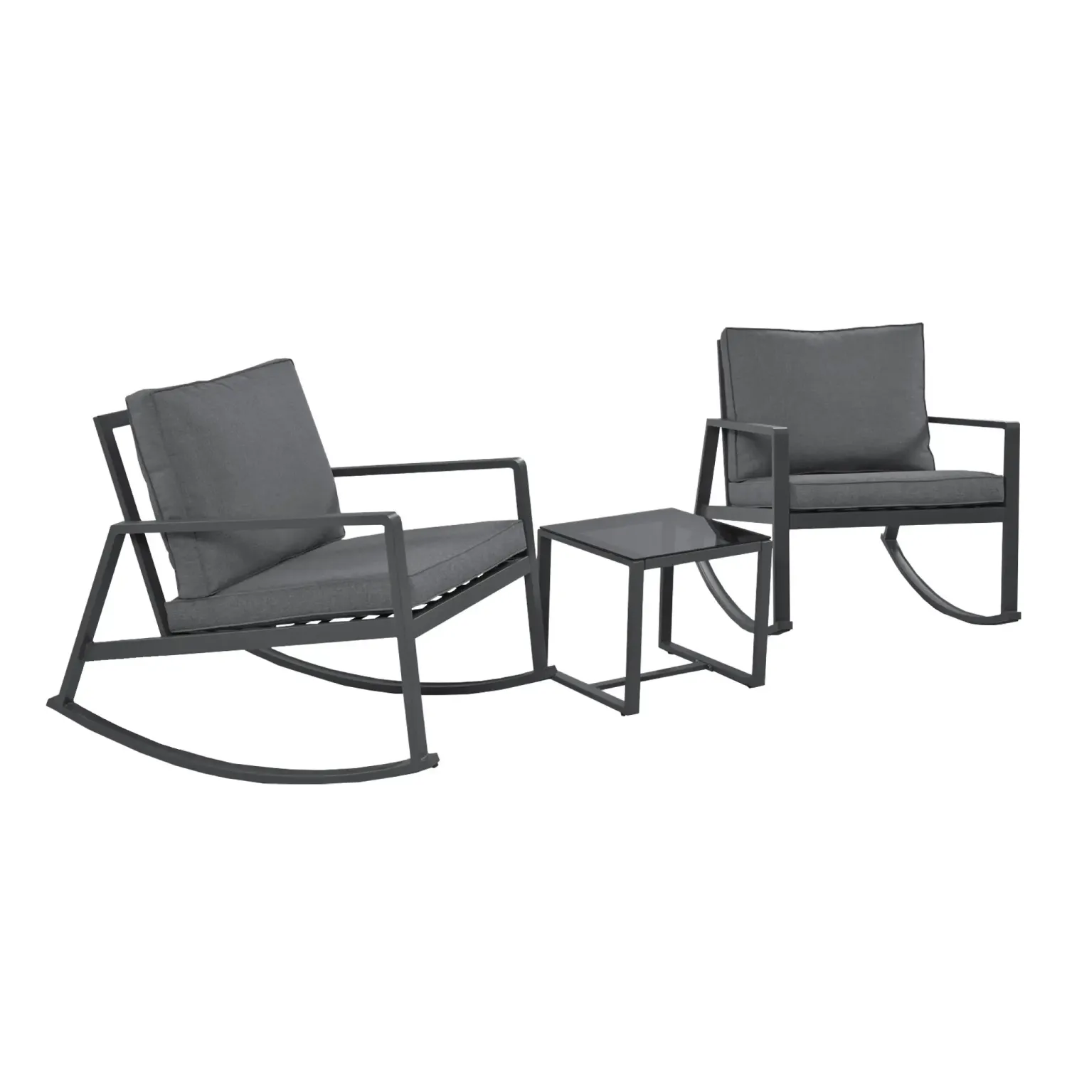 Exklusives Gartenlounge-Set 3-teilig, mit 2 Schaukelstühlen und 1 Glastisch, ergonomisches Design, Grau