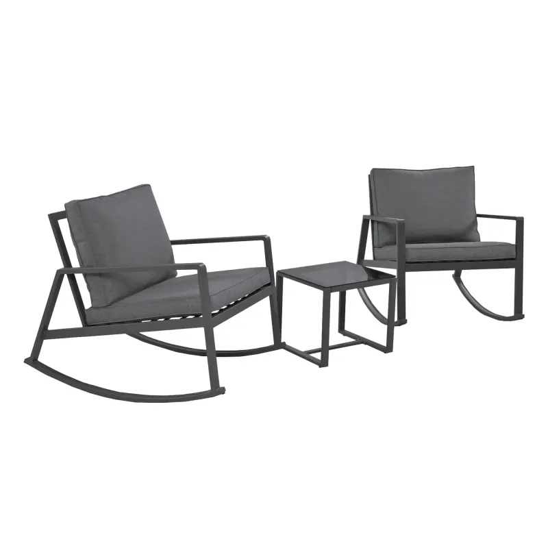 Exklusives Gartenlounge-Set 3-teilig, mit 2 Schaukelstühlen und 1 Glastisch, ergonomisches Design, Grau