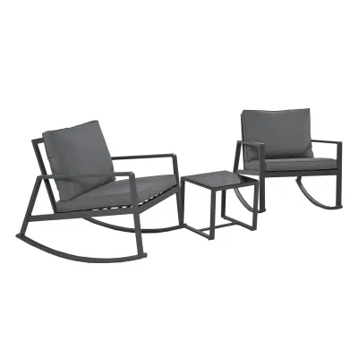 Exklusives Gartenlounge-Set 3-teilig, mit 2 Schaukelstühlen und 1 Glastisch, ergonomisches Design, Grau