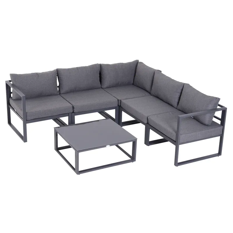 6-tlg. Gartengarnitur Sitzgruppe Alu+ Polyester + Hartglas Grau 4 x Sessel 1 x Ecksofa 1 x Beistelltisch Kissen