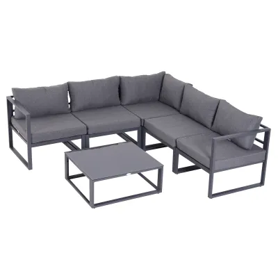 6-tlg. Gartengarnitur Sitzgruppe Alu+ Polyester + Hartglas Grau 4 x Sessel 1 x Ecksofa 1 x Beistelltisch Kissen