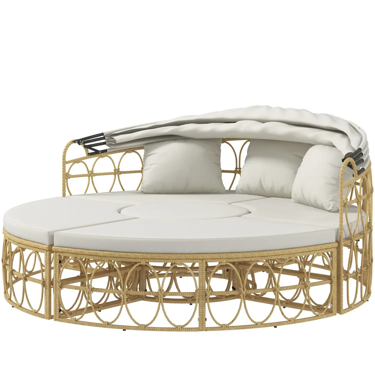 Rattan-Sonneninsel, 4-teilig, ausziehbares Dach, 5 Kissen, 178B x 85T x 66,5H cm, Beige