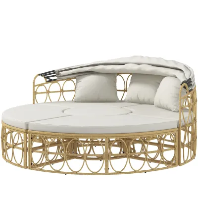 Rattan-Sonneninsel, 4-teilig, ausziehbares Dach, 5 Kissen, 178B x 85T x 66,5H cm, Beige
