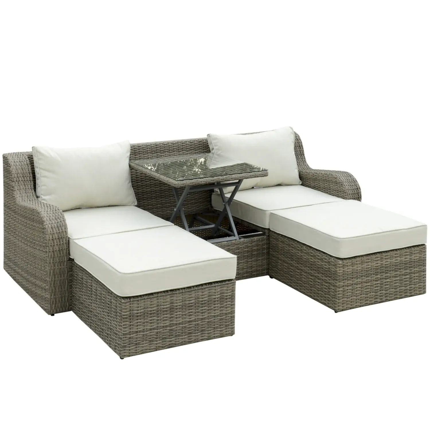Rattan-Gartenmöbel Set für 3 Personen Gartengarnitur mit Beistelltisch Kissen Aluminium Hellgrau+Beige