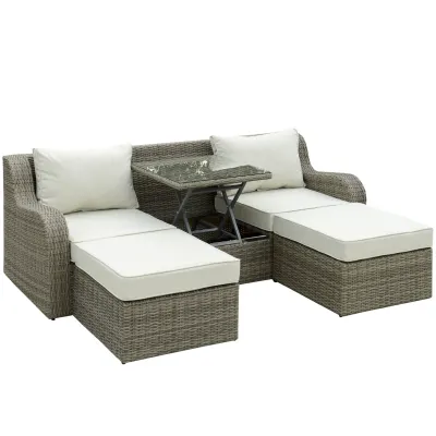 Rattan-Gartenmöbel Set für 3 Personen Gartengarnitur mit Beistelltisch Kissen Aluminium Hellgrau+Beige
