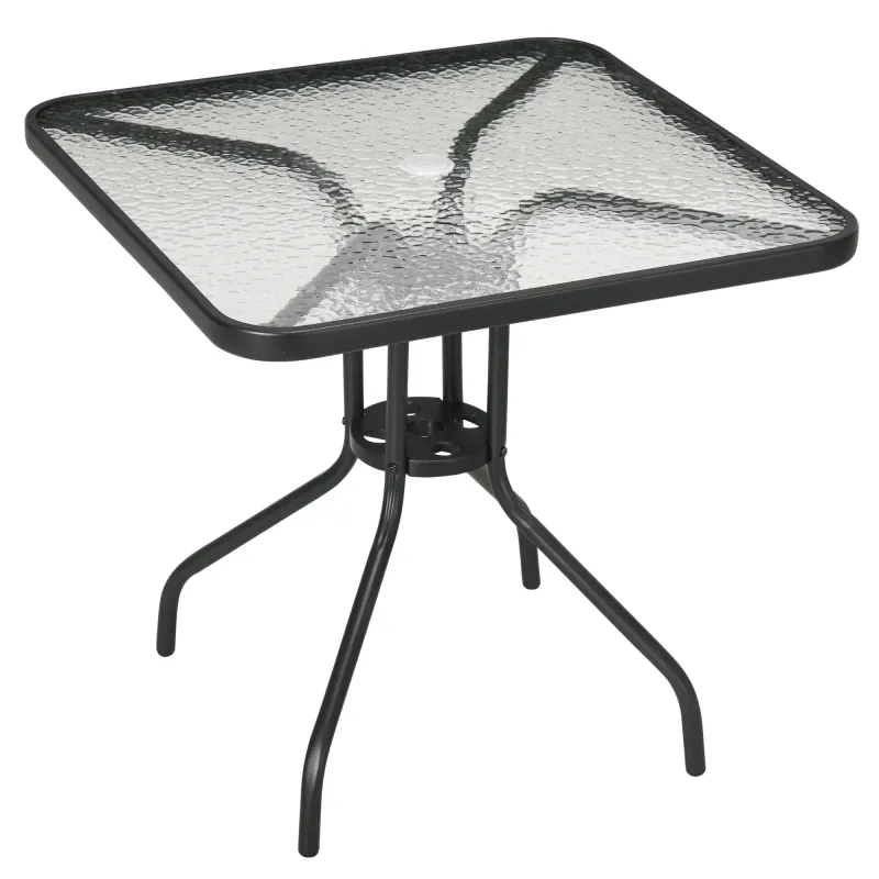 Gartentisch mit Glasplatte 76x76 cm Wetterfest Balkontisch mit Schirmloch, rutschfest Schwarz