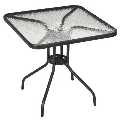 Gartentisch mit Glasplatte 76x76 cm Wetterfest Balkontisch mit Schirmloch, rutschfest Schwarz