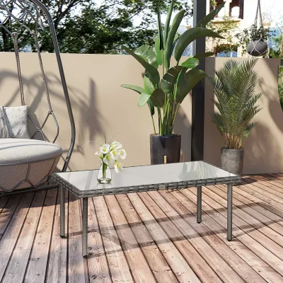 Rattan-Gartentisch mit 5 mm dicker gehärteter Glastplatte Grau