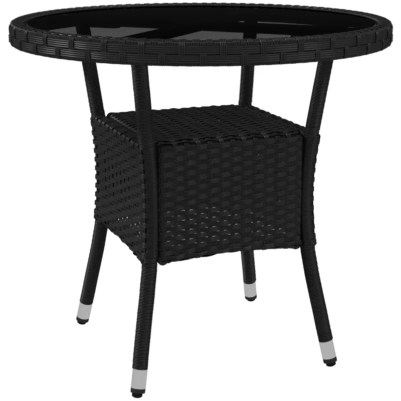 Rattan-Gartentisch rund mit gehärteter Glasplatte und Ablagefach im gemütlich-schicken Stil Ø80 x 75H cm