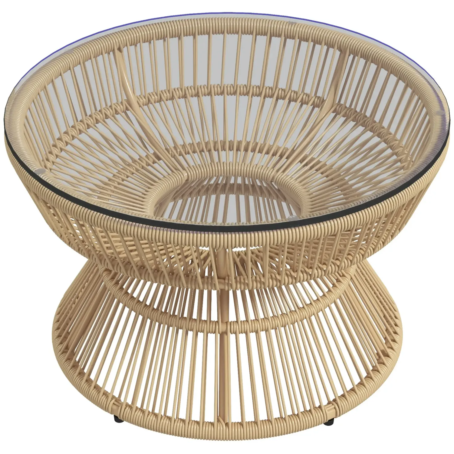 Rattan-Gartencouchtisch rund, Beistelltisch im Boho-Stil und gehärteter Glasplatte Ø60 x 37H cm