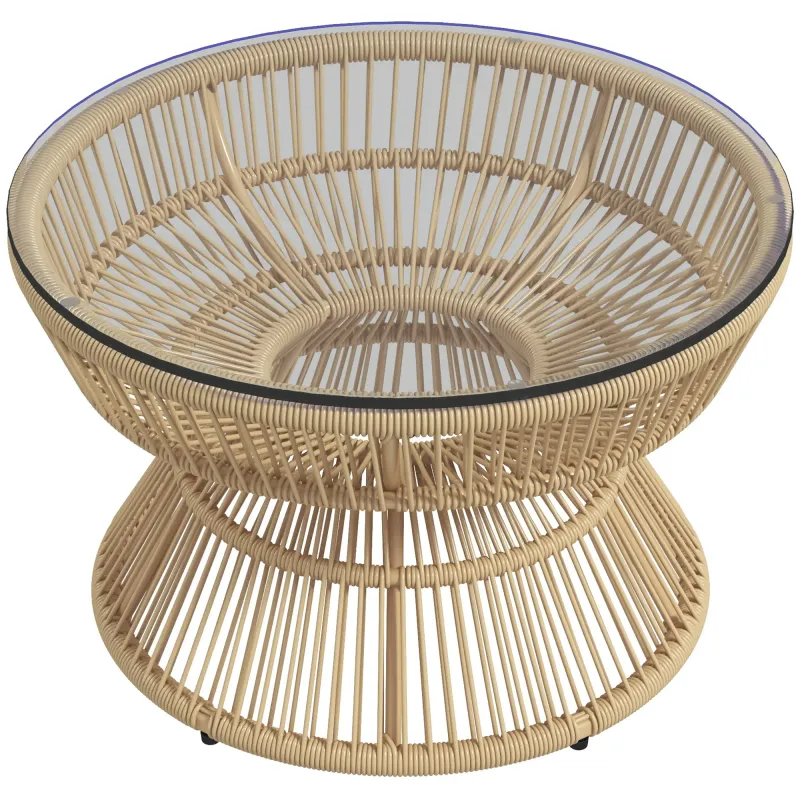 Rattan-Gartencouchtisch rund, Beistelltisch im Boho-Stil und gehärteter Glasplatte Ø60 x 37H cm