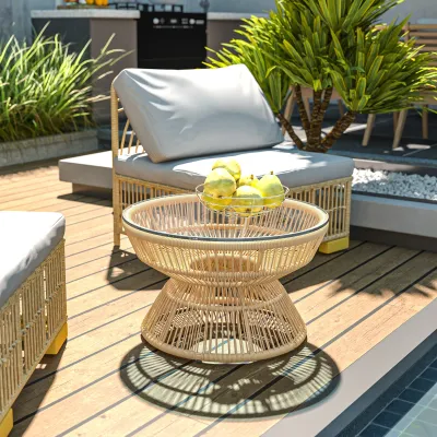 Rattan-Gartencouchtisch rund, Beistelltisch im Boho-Stil und gehärteter Glasplatte Ø60 x 37H cm