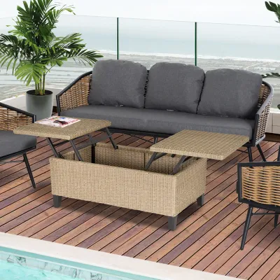 Rattan-Garten-Beistelltisch, Aufbewahrungskiste mit Stauraum, khaki, 103 x 50 x 45,5 cm