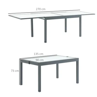 Ausziehbarer Gartentisch mit gehärteter Glasplatte Outdoor Aluminium Grau Weiss