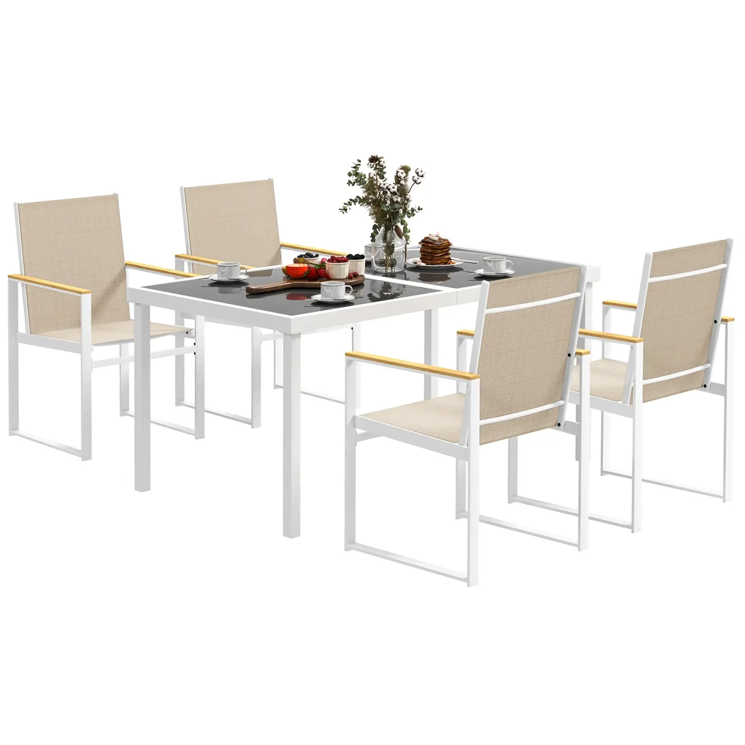5-tlg. Gartenmöbel-Set, Outdoor-Tisch aus Hartglas, 4 Stühle, Terrassenmöbel, Mehrfarbig