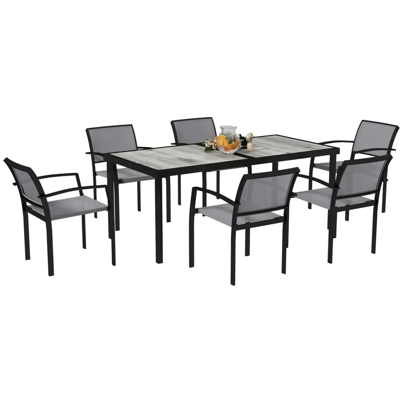 7-teiliges Ess-Set, 6 Stühle, 1 Tisch, stapelbar, Gartenmöbel-Set, Grau