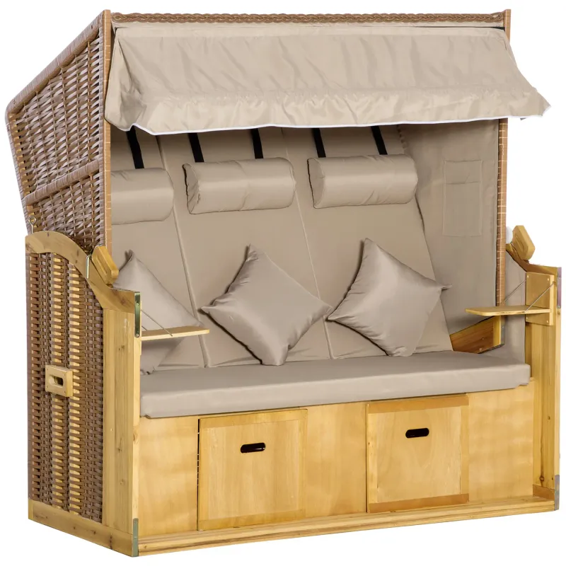 XXL Luxus-Strandkorb 3-Sitzer Sonnenliege mit Dach 2 Klapptischen Fussstütze Chaiselongue Polyrattan Natur 150 x 79 x 160 cm