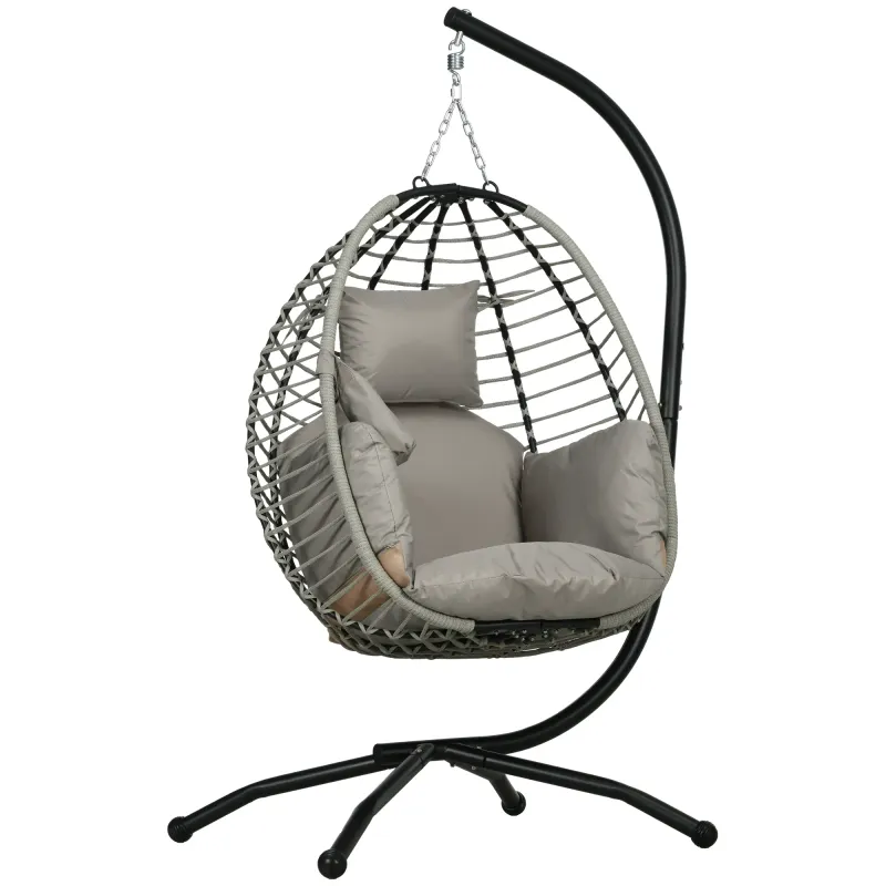 Hängesessel, Korbsessel, Sitz- und Rückenkissen, faltbarer Sitzkorb, Becherhalter, Metallgestell, Grau