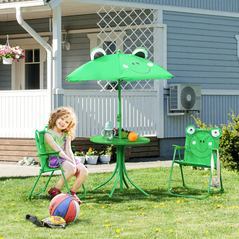 4tlg. Kindersitzgruppe Garten Gartentisch "Frosch" 2 Klappstühle Sonnenschirm Grün