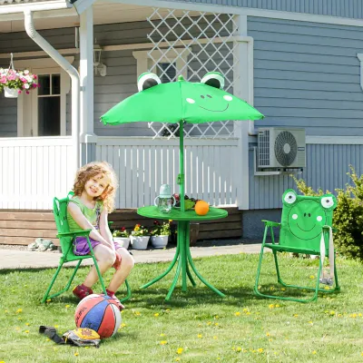 4tlg. Kindersitzgruppe Garten Gartentisch "Frosch" 2 Klappstühle Sonnenschirm Grün