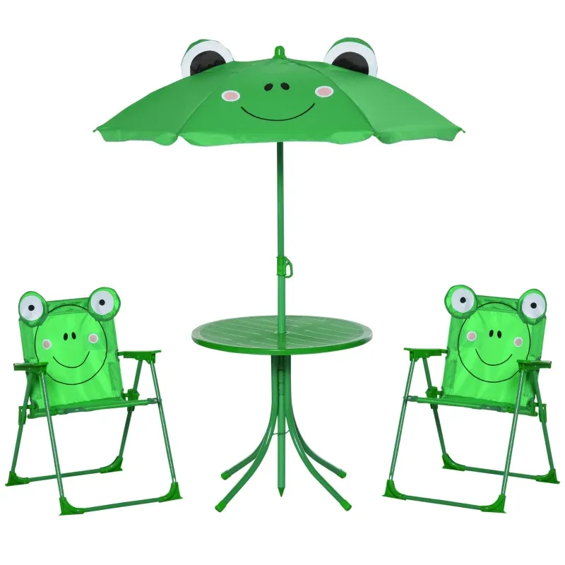 4tlg. Kindersitzgruppe Garten Gartentisch &quot;Frosch&quot; 2 Klappstühle Sonnenschirm Grün