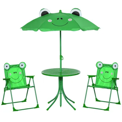 4tlg. Kindersitzgruppe Garten Gartentisch &quot;Frosch&quot; 2 Klappstühle Sonnenschirm Grün