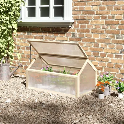 Mini-Gewächshaus, Frühbeet aus Holz, Polycarbonat-Platten, Belüftungsöffnung, 90L x 52B x 49,5H cm, Natur