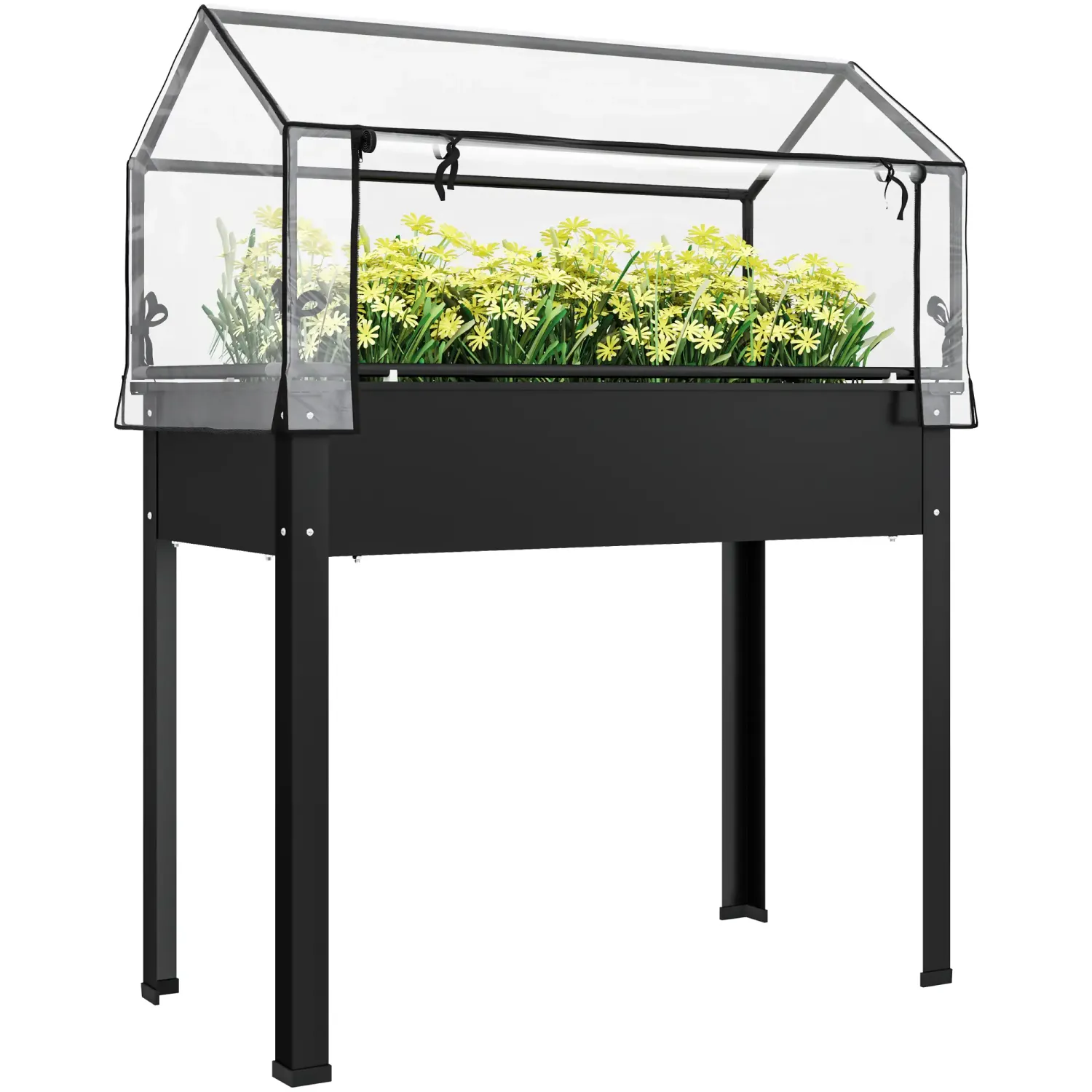 Hochbeet mit Gewächshaus-Dach, Erhöhte Pflanzenbox mit Ablauflöchern, 100 x 48 x 124 cm, Schwarz