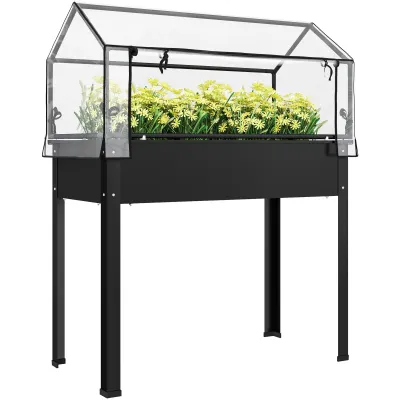 Hochbeet mit Gewächshaus-Dach, Erhöhte Pflanzenbox mit Ablauflöchern, 100 x 48 x 124 cm, Schwarz