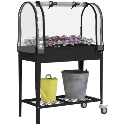 Erhöhtes Frühbeet mit transparenter Abdeckung, 2 Rädern und 1 unterer Ablage, 80L x 40B x 120H cm