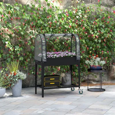 Erhöhtes Frühbeet mit transparenter Abdeckung, 2 Rädern und 1 unterer Ablage, 80L x 40B x 120H cm