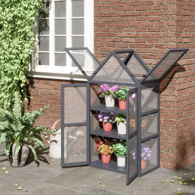 Mini Gewächshaus 3 Ebenen Treibhaus Pflanzenbeet mit aufklappbarem Dach Doppeltüren aus Holz Polycarbonat wetterfest Natur 70,5 x 42 x 132 cm