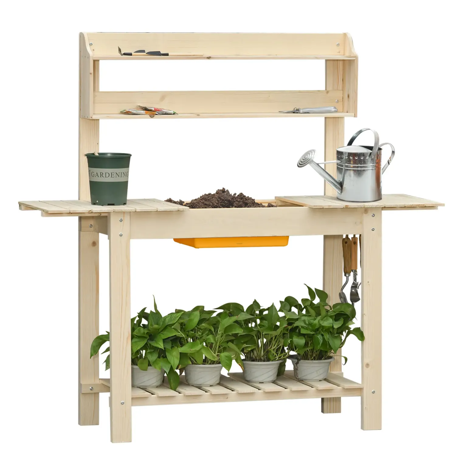 Pflanztisch mit Haken Gärtnertisch Blumentisch aus Tannenholz Kunststoff für Garten Terrasse verstellbare Arbeitsfläche Natur 100 x 40 x 140 cm