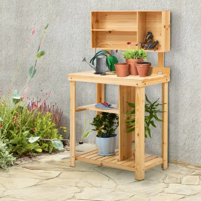 Pflanztisch Gartenarbeitstisch für Garten Balkon und Terrasse, Gartentisch mit Ablage, Blumenregal Blumenständer aus Tannenholz, 80 x 43 x 136,5 cm, Natur