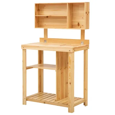 Pflanztisch Gartenarbeitstisch für Garten Balkon und Terrasse, Gartentisch mit Ablage, Blumenregal Blumenständer aus Tannenholz, 80 x 43 x 136,5 cm, Natur