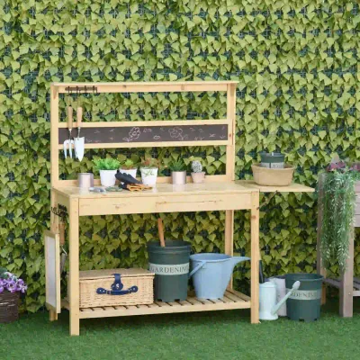 Pflanztisch mit 8 Haken + Schublade Natur 151 x 45,5 x 143 cm