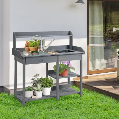 Pflanztisch, Gartentisch mit Schublade, 3 Regalen, Spülbecken, 3 Haken, Grau