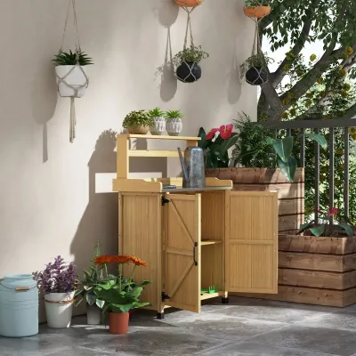 Pflanztisch Gartentisch mit Schrank und Regalen und verzinkter Arbeitsplatte Tannenholz