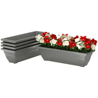 5er-Set Blumenkästen, Pflanzkasten aus Kunststoff für Terrasse, Garten, Balkon, 59 x 21 x 16 cm, Grau