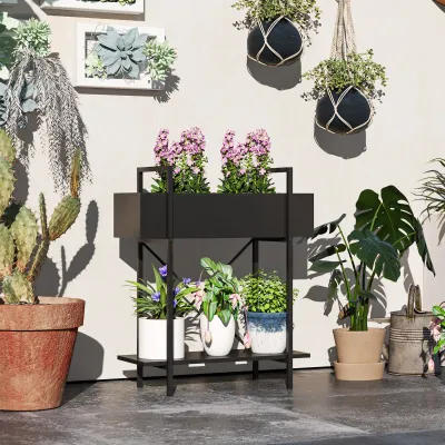 Pflanzenständer, Blumenkasten mit 2 Ebenen, Metall, Schwarz